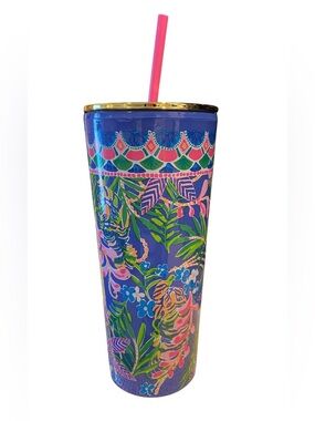 Lilly Pulitzer Blue Floral Pattern Insulated Tumbler with Pink Straw